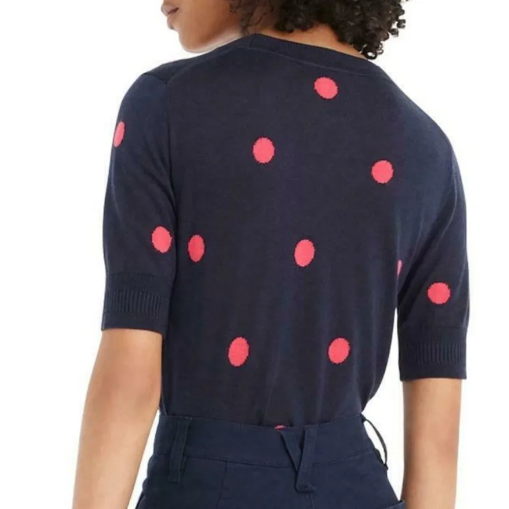 NWT $79.50 J. Crew Navy Sweater with Pink Polka Dots in size XXS!